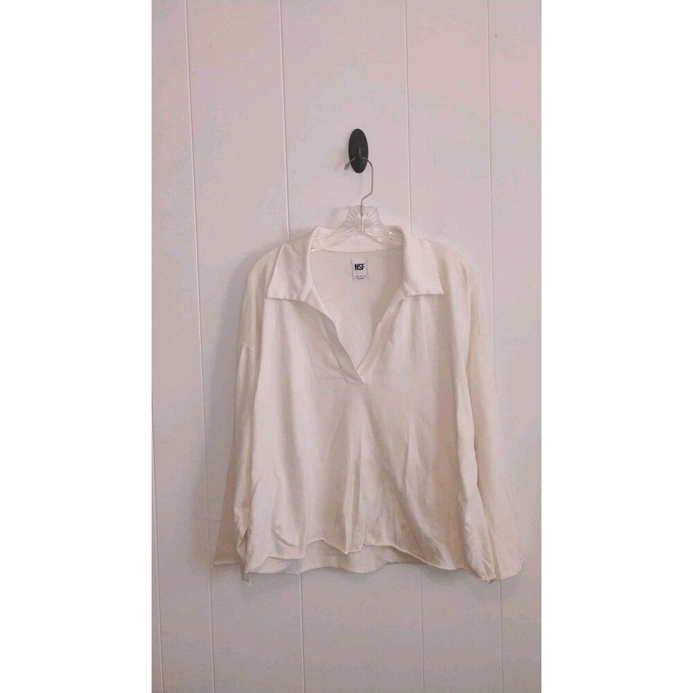 NSF | White V Neck Collared Raw Hem Cotton Long Sleeve Size P